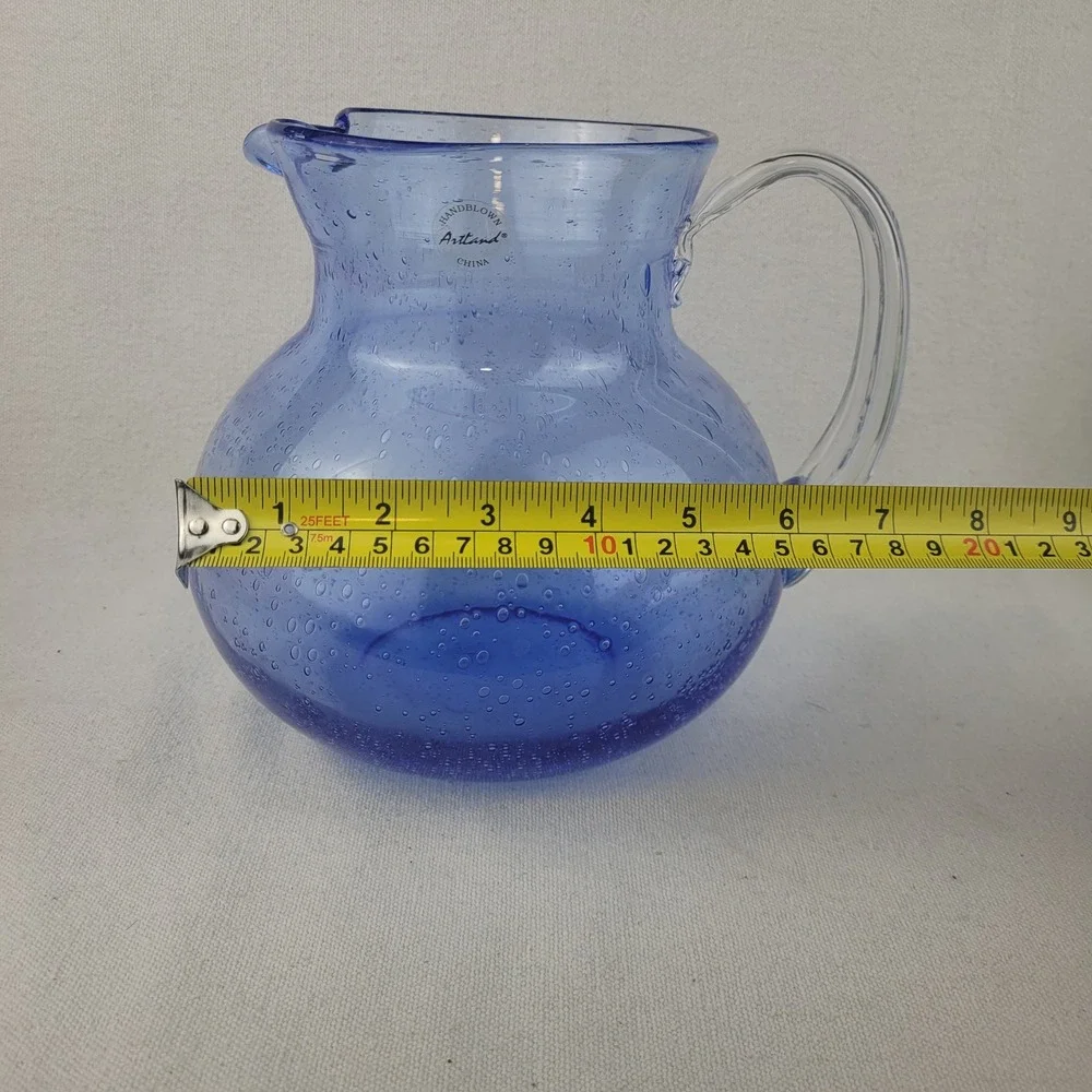Artland Iris Blue Bubble Glass Pitcher Handblown Seeded Glass Round‎ 7